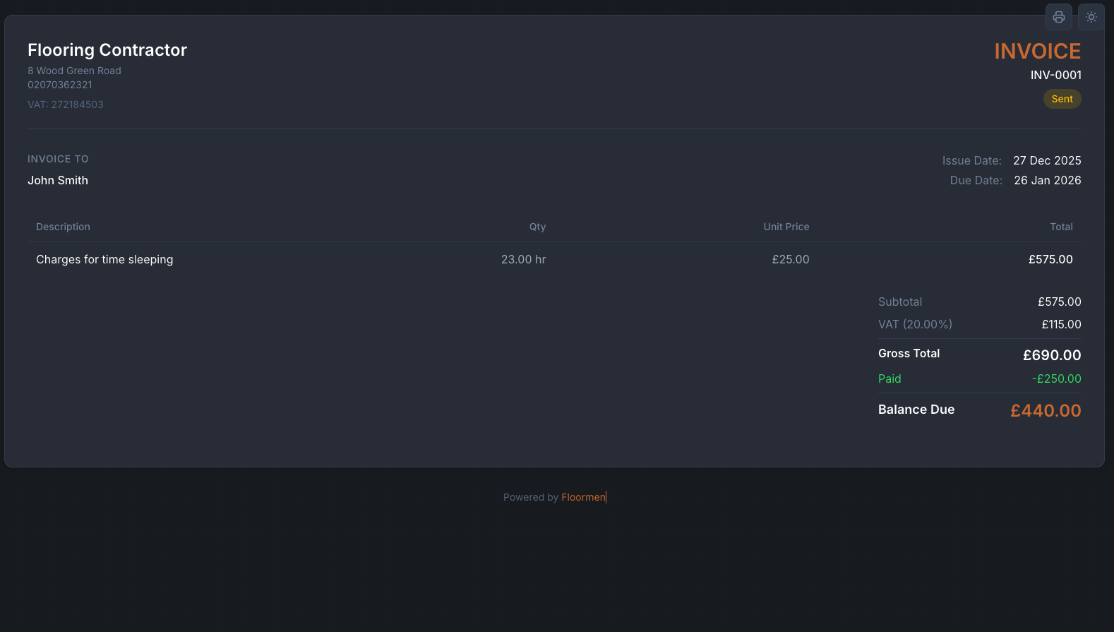 Invoice link sharing dark mode
