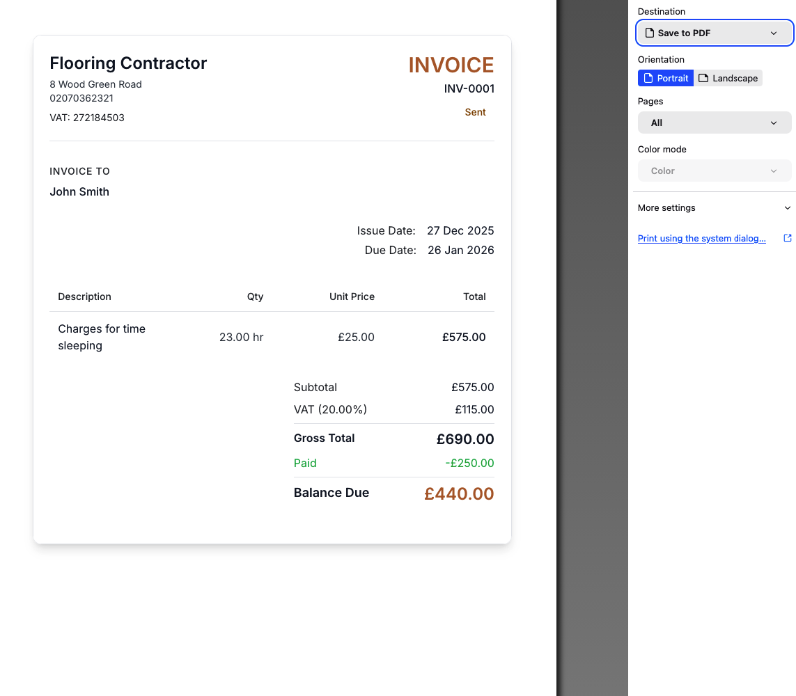 Print-ready invoice
