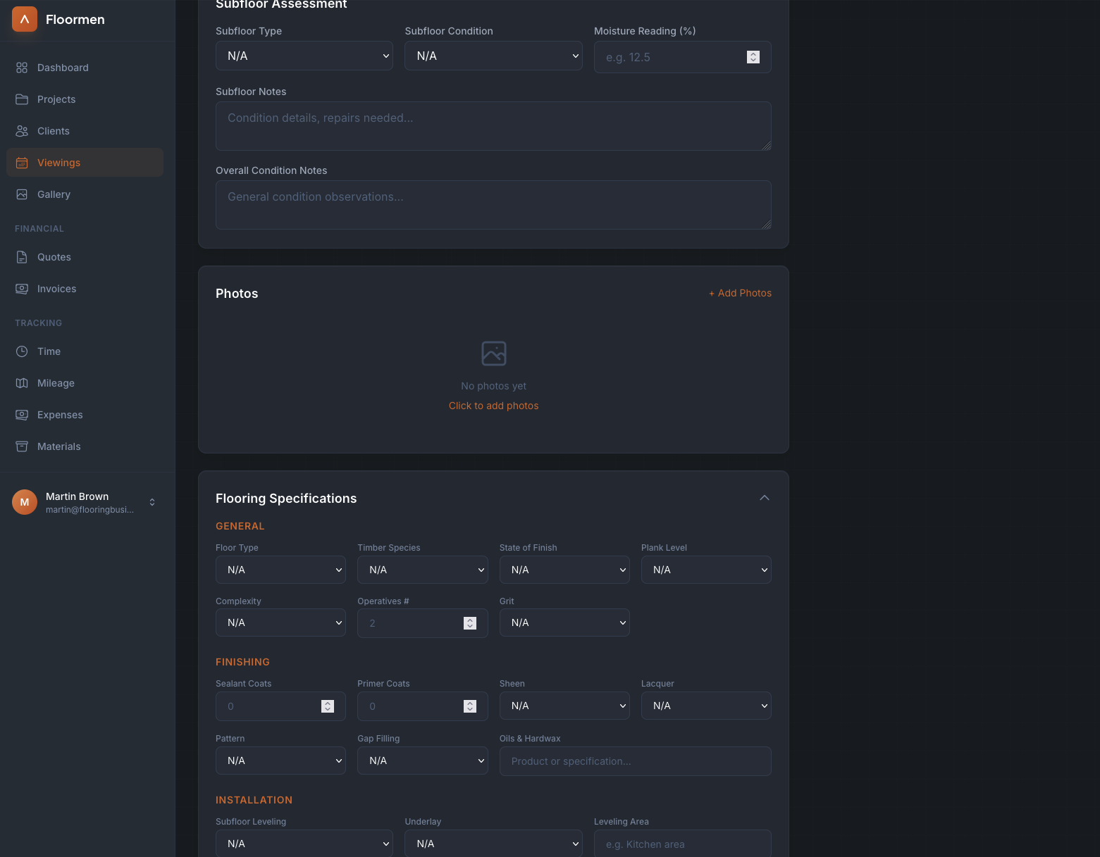 Flooring specifications form